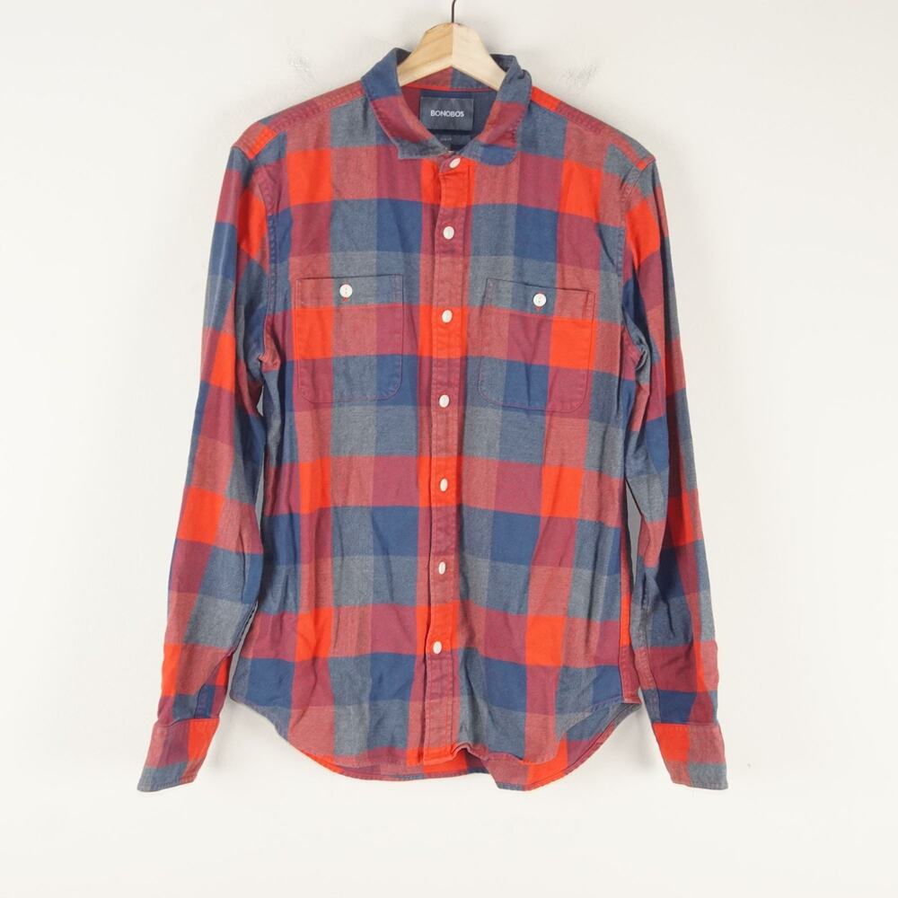 Bonobos Red Blue Flannel Cotton Plaid Long Sleeve Button Slim Fit Shirt Sz M